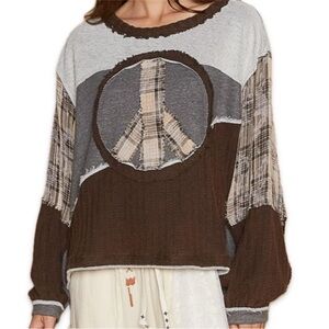 POL Patchwork Peace Sign Brown Plaid Waffle Knit Mixed Fabric Top